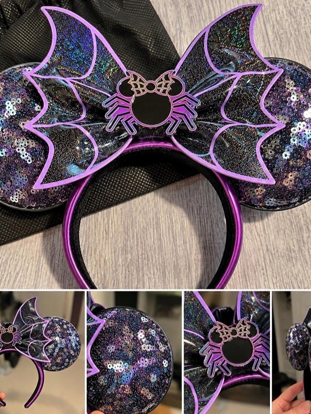Disney Halloween Purple Sequin Black Bat Bow Minnie Mouse Ear Headband loungefly